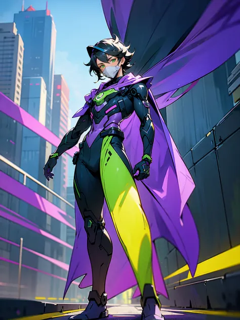 1male, hawaiian hair, black hair, purple visor, green eyes, robot mask, purple speed suit, tied to waist, standing on path, road...