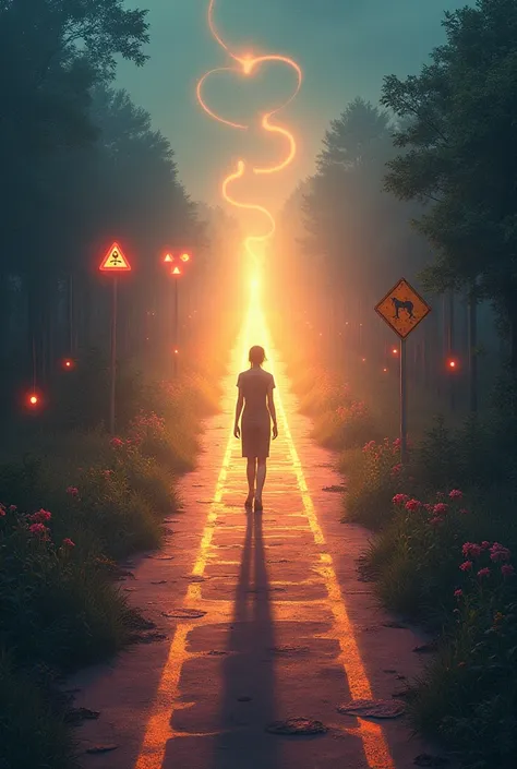  a scene where a person is standing at a crossroads, facing two roads. The left path is full of warning signs, Red lights and hazard symbols, while the path on the right is illuminated with warm colors, flowers and symbols of well-being. Person, Instead of...