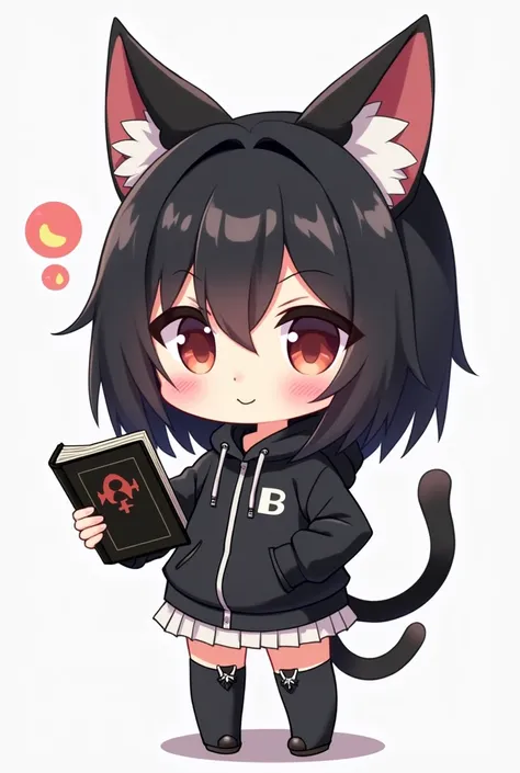 Anime figure of a girl with cat ears, hooded sweatshirt, Anime moe art style, demon slayer rui fanart, chibi!!! Catgirl, Chibi Anime Girl, black-haired magician with black magic book in one hand, Anime-Chibi, anime Catgirl, Mihoyo art style, advanced digit...