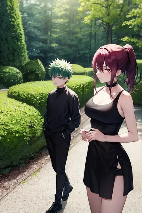 jujutsu kaisen, maki zenin, 17 years girl, tall athletic build, long dark green hair tied into a short ponytail, black clotches, holding a 4 years child brother, in the park