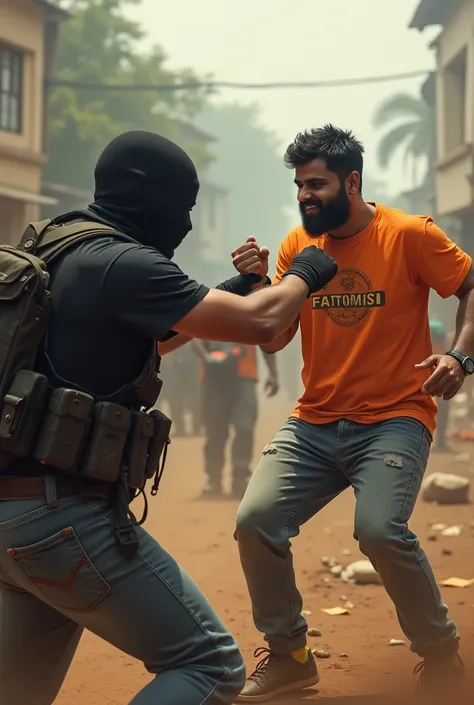 Create an AI image
Where a terrorist is fighting an Indian guy with a tshirt with caption "Fatmoshi" 

