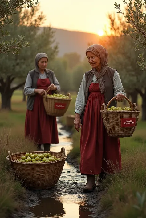 Realistic photo, peasant women are collecting olives, the sun rises through the olive trees, there are baskets with "Butik Zeytin" written in Turkish, a stream flows next to the field.