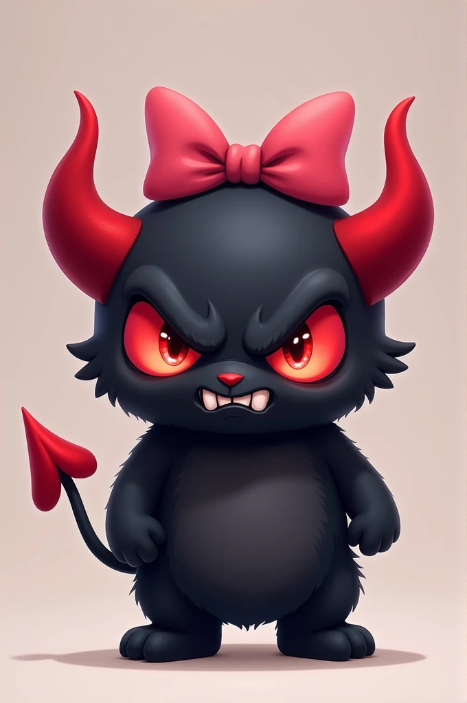 create a mascot that resembles a little devil, round with verys red horns and red eyes, black in color and wearing a pink bow, the expression is one of anger