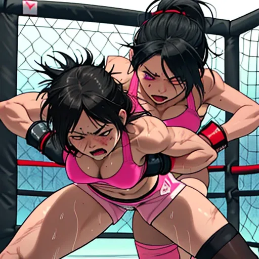 punch, punch, punch. two bloody beautiful Japanese female fighters are looking at each eyes. life or death struggle. survival battle. dynamic exciting action in the octagon fighting ring. whole body picture. they are beating each other so hard. their punch...