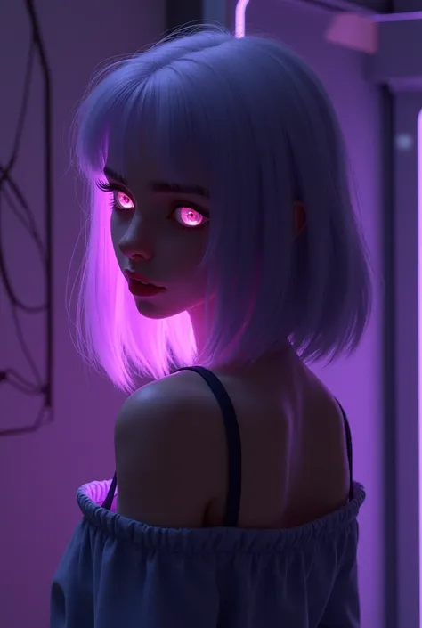 "A digital art of a young woman with a melancholic expression, shown from the back and side, wearing a loose off-shoulder top that reveals her bare shoulders. She has shoulder-length, straight, lilac hair that glows softly, and her eyes reflect a subtle li...