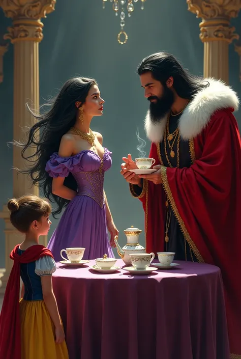 A beautiful evil sorceress with black hair and a purple dress having tea with a king with black hair and a black beard, and wearing red clothes, yellow and blue. A little princess in a blue corset dress, yellow skirt, red cape has black hair and watches th...