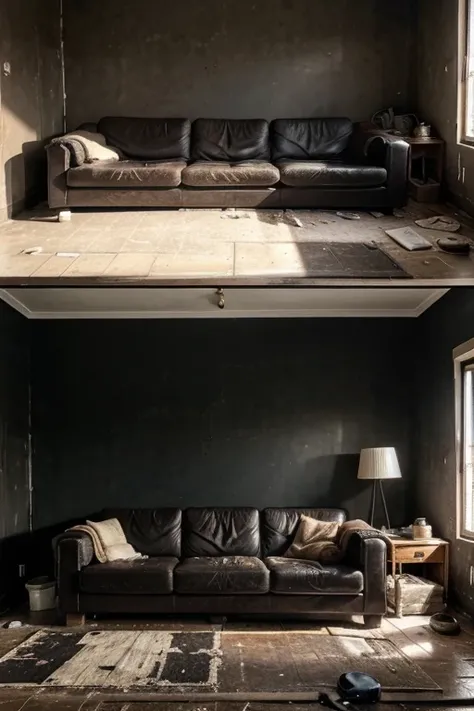 Image of a poor and dirty house with a sofa and black walls