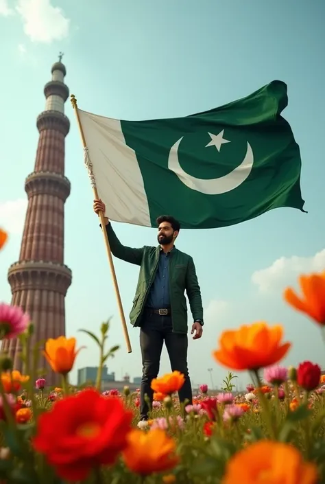 Create a picture of a , holding Pakistan flag surrounded by beautiful and colorful flowers, standing near Minar e Pakistan 