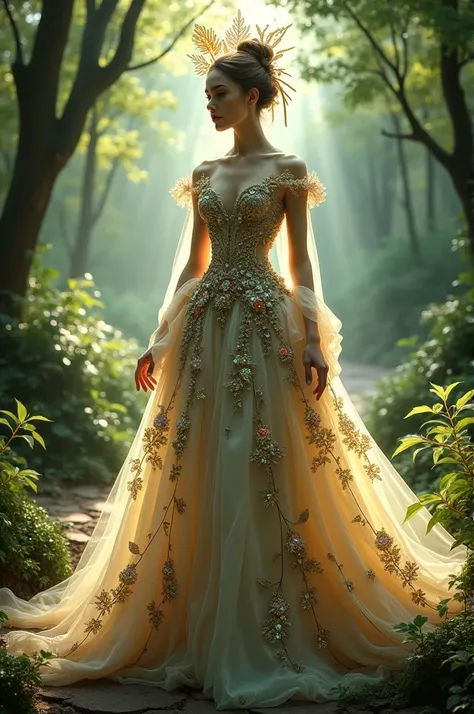 make an outfit for a fashion game. the theme is fantasy, nature, gown, glamorous and flashy.