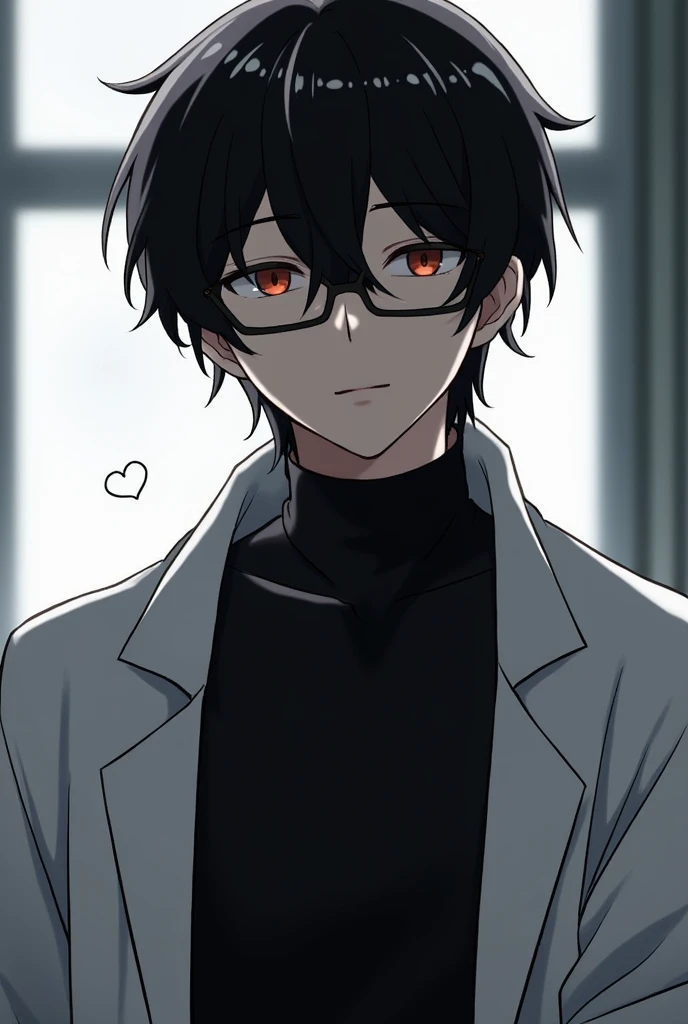 Anime style,man,black hair,glasses,lab coat,black theme