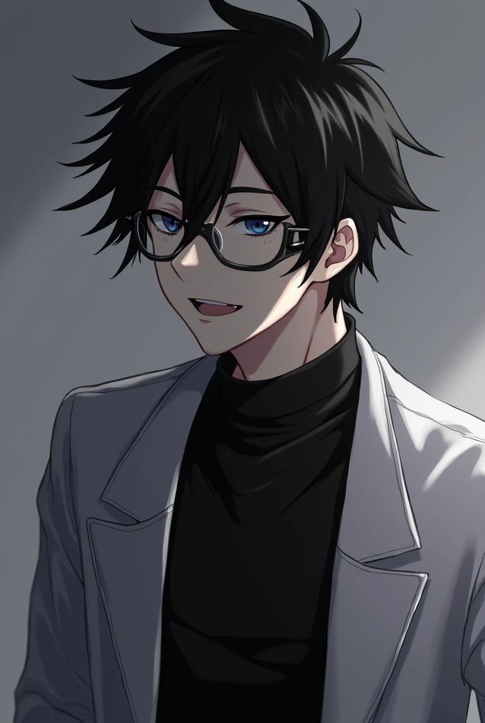 Anime style,man,black hair,glasses,lab coat,black theme