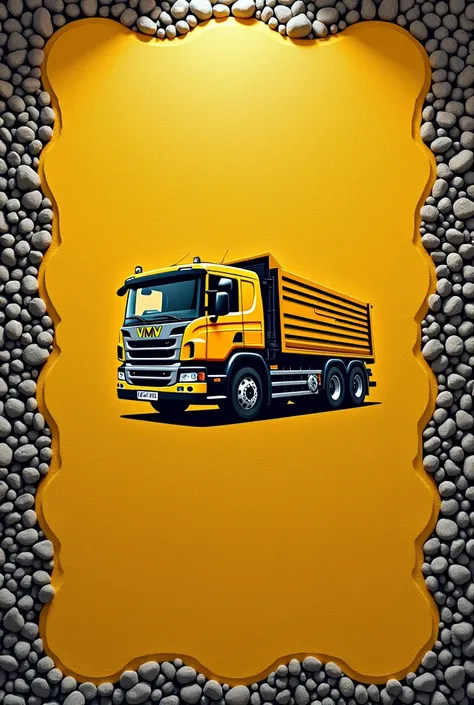 I want a design for a pebble floor with a dimension of 7,15x7,500 yellow background color and the company logo that would be a truck in the center with the name VMV in black, I want the edges of the floor to be framed with wavy designs 
