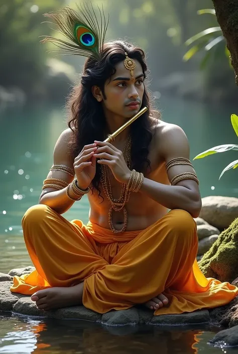 bhagvan shree krishan ,long  hair,wheatish colour, on head  a peacock feather, sitting by the  river,and playing the  flute