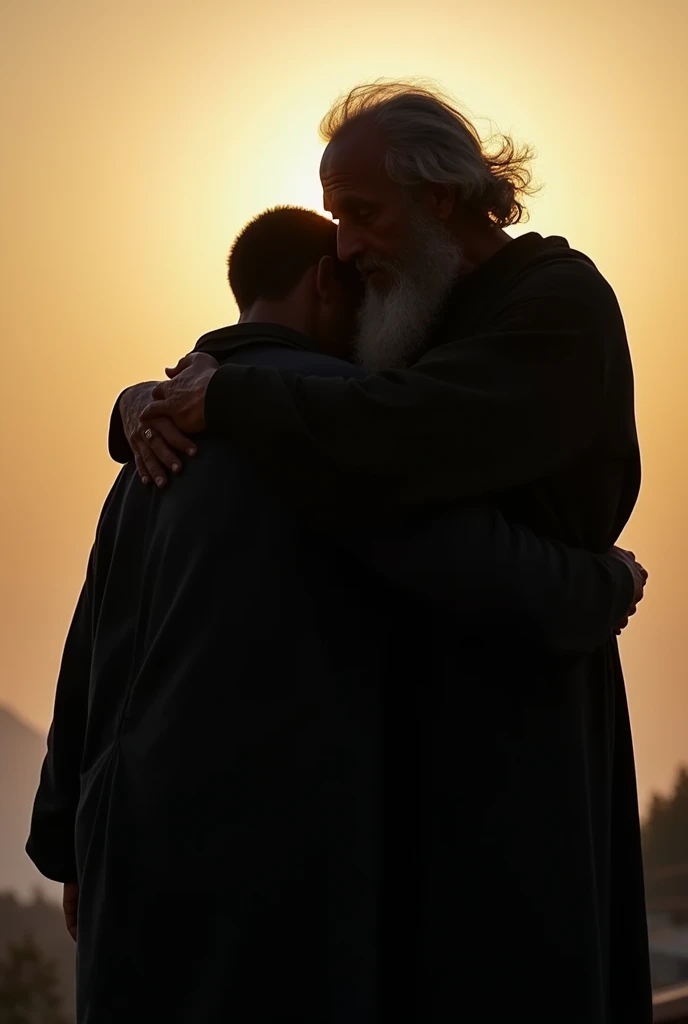 Silhouette of an elderly spirit, wise, hugging a young black man, standing backwards 