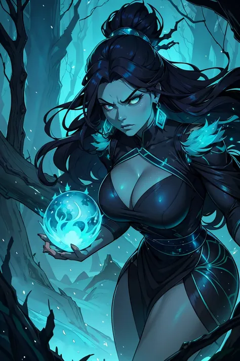 Maokai if he were a woman in life, tree, dark islands, mist, beautiful garment, wooden ornament, blue aura, nature spirit, consumed by anger, embodies vengeance, wicked, angry face, sparkling turquoise eyes, black outfit with turquoise sparkles.