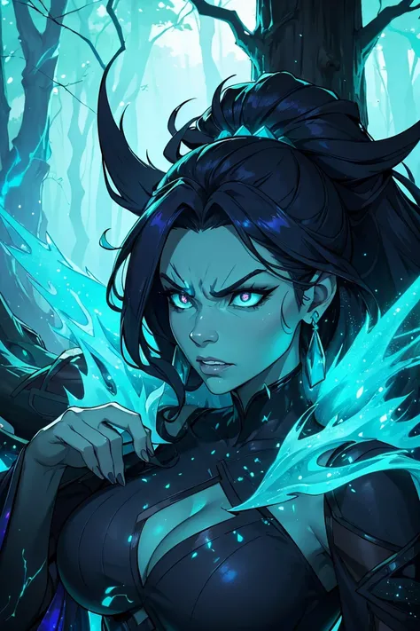 Maokai if he were a woman in life, tree, dark islands, mist, beautiful garment, wooden ornament, blue aura, nature spirit, consumed by anger, embodies vengeance, wicked, angry face, sparkling turquoise eyes, black outfit with turquoise sparkles.