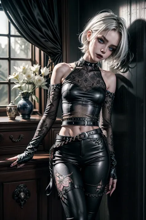 (Detailed illustrations, Very detailed and detailed drawing, Delicate lines with slow and rapid, Realistic texture expression), One woman with very short white hair with black tips, ( emo hairstyle, ), goth, pale white skin, evil smirk, (girls bedroom back...