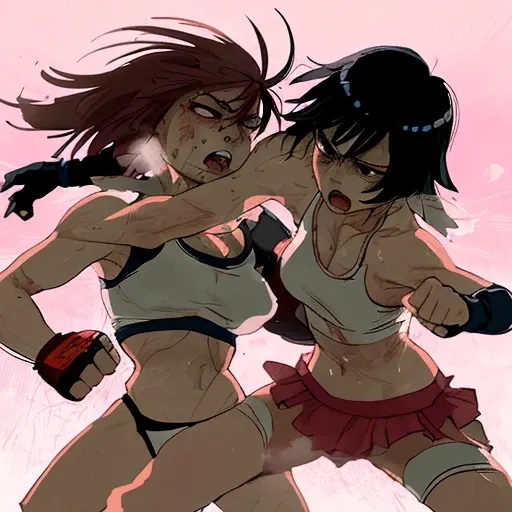 punch, punch, punch. two bloody beautiful Japanese female fighters are looking at each eyes. life or death struggle. survival battle. dynamic exciting action in the octagon fighting ring. whole body picture. they are beating each other so hard. their punch...