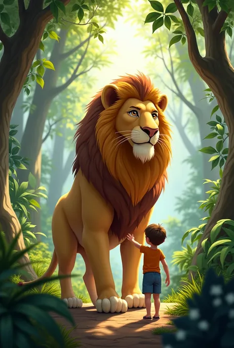 The lion invites the child to play in the jungle