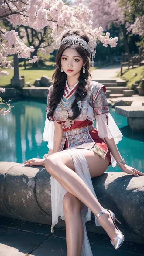 (background：The mountain is full of cherry blossoms.，There are mountains and fog.)(whole body:1.5)，(1 Hmong girl:1.3),(Viewer:1.4)，(Anatomically correct:1.4),(The stockings are colorless, completely transparent.:1.3),(sitting on top of mountain:1.2),(Wear ...