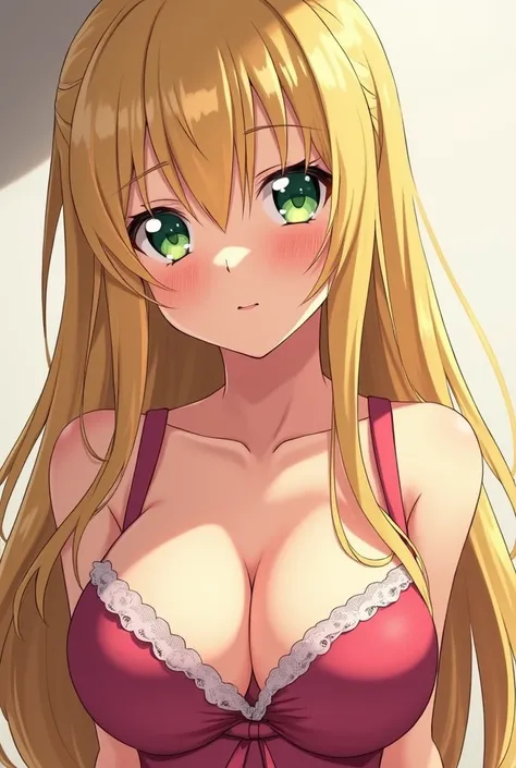 A beautiful girl with long blonde hair, green eyes, a teardrop mole, big breasts, and eroticism in an anime illustration。She shows me her nipples and invites me