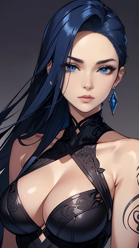 **Create a portrait of a 21-year-old woman with striking features. Her vibrant royal blue hair is styled in a wavy and runs till her back, it is striking and glossy. Her elongated, oblong face is defined by high, sculpted cheekbones and a softly rounded ch...