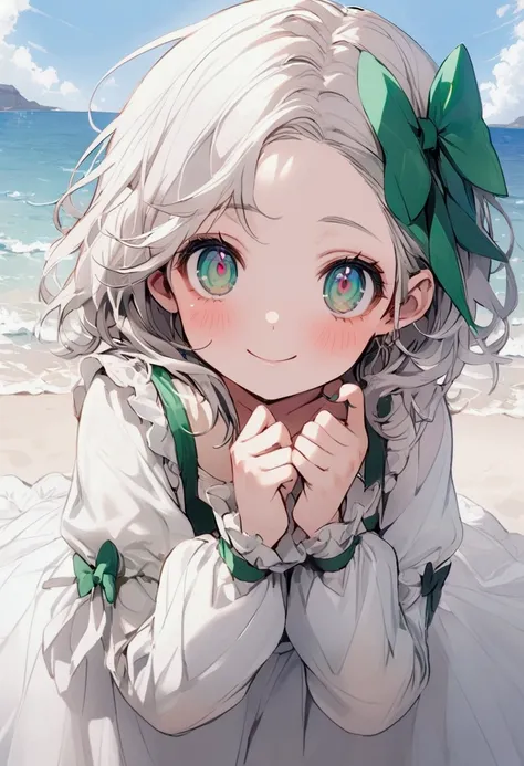  adolescent, deep and passionate emerald green gaze, rosy cheeks, skin fair, long white hair, white peasant dress, at beach, ssmile