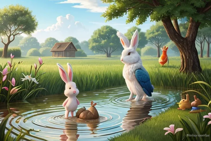 Scene 2: Sammy with Friends
Illustration of Sammy approaching Benny the rabbit and Lily the bird. Benny looks worried with a flooded burrow in the background, and Lily appears sad with a damaged nest. Sammy is holding the shiny acorn and looking concerned.