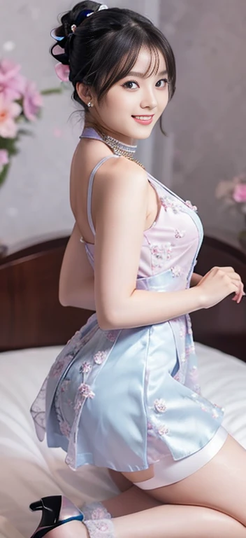 Beautiful, cute baby Face, 17 Years old russian lolita Girl, blue eyes, high ponytail hair, black hair, hair ornaments, wearing sexy pink mini kebaya dress, micro skirt, Rounded medium Breast, cleavage cutout, slightly Chubby , luxury necklace, White Skin,...