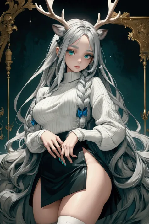 A deer girl, she has antlers, as well as deer ears, she has very fair hair skin but with white freckles. She has long silver hair with a mute blue-ish green. She is very beautiful and has modern looking clothing. She is a women with medium breast, but wear...