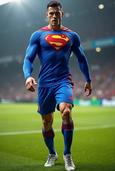 Create a soccer character with a short Superman shirt and a pair of soccer Superman shorts.