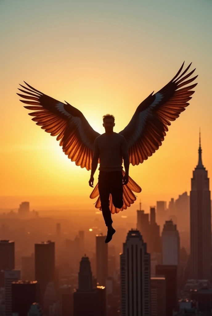 Un homme avec des ailes d oiseau vol dans le ciel de New York au levé du soleil