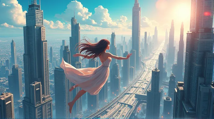 Make a beautiful anime city on day time but year is 2099 view of the city from above and a girl is falling from the sky