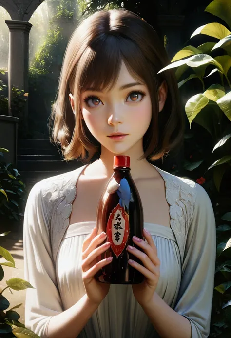 a beautiful young anime 2d girl in a garden, holding a soy sauce bottle in the shape of a fish, detailed face and eyes, elegant dress, natural lighting, photorealistic, 8k, cinematic, fantasy, magical realism