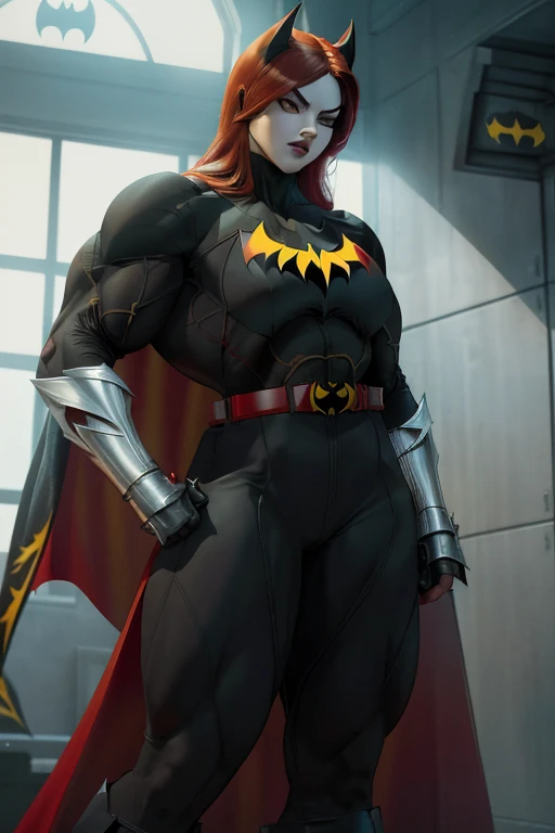 (((Close-up))), tall, (red hair) beautiful muscular asian woman, (long hair), pale white skinned, closed smile, large breast, (black lipstick), (massive muscles), (hyper muscle), ((ginormous bulky muscles)), yellow eyes, (((red batwoman suit, cape))), (((B...