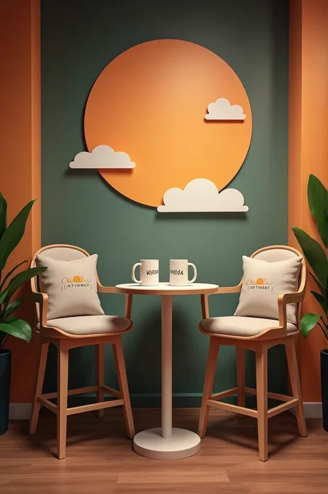 Generate a set design for a morning show with two high chairs, a high table and two branded mugs written, Kontuthub Morning Show and a branded canva on the wall. Make the branding stylish