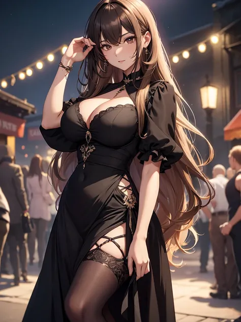 (Wiz), 1woman, wearing a black colour party frock, at night party, big breasts , light brown colour hair, 8k, high detailed, high quality