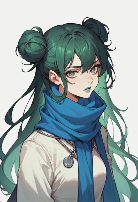 Anime woman with long hair, green hair with a bit of black hair , blue lipstick , two buns , green eyes , longer hair , still female , long scarf , blue wicks  , light battle outfit , long hair , woman , blind grey eyes 