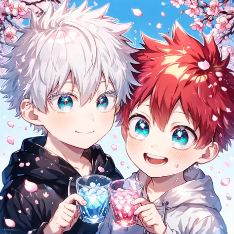 absurdres, highres, ultra detailed, HDR, master piece, best quality, extremely detailed face, delicated features, Gojou Satoru as a kid, white hair, expressive blue eyes, white eyelashes, Boku No Hero Academia, Todoroki Touya as a kid, red hair, spiked hai...