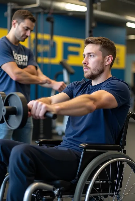 Have a weight training student who is in a wheelchair perform low rows on the machine and have his personal trainer assist him with the workouts.. Make both with a navy blue t-shirt and in the background a banner saying FEPI in blue and yellow.