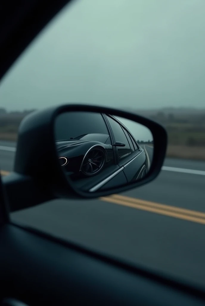 Image of a black car in the rearview mirror
