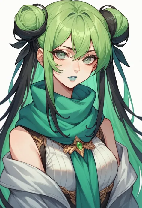 Anime woman with long hair,  green colored hair with black highlights , blue lipstick , two buns , green eyes , longer hair , still female , long scarf ,light battle outfit , long hair , woman , blind grey eyes 