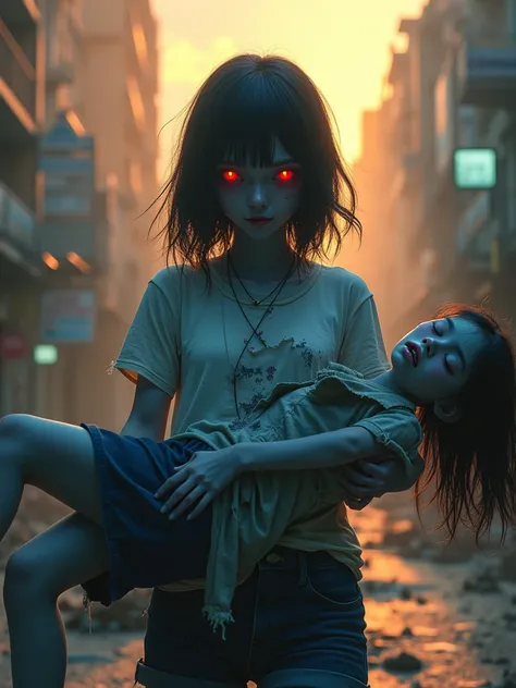 a japanise beutiful school teen zombie, exposing her  from torn tshirt , blue skin, red eyes , looking cute, carrying a dead body by his shit, walking down a dystopian city, smoke, destruction, golden hour