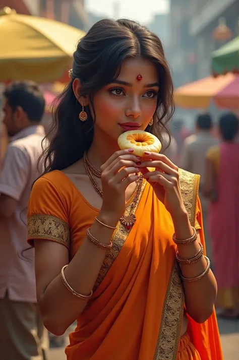 A girl in saree eating golgappe 