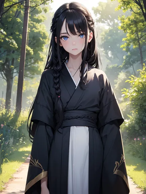 (8K, Best Quality, Masterpiece, Ultra High Resolution) Single Person, 1 Girl, Child, Young, Cute Eyes, Face Details, Pale Skin, Slender, Short, Flat Chest, Dark Black Hair, Long Hair, Braided Hair, Blue Eyes, Formal Kimono, Outside in Field, Best Quality, ...