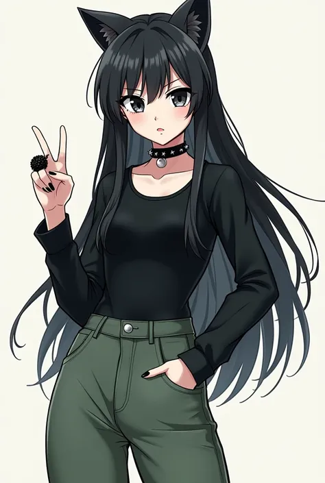 Anime girl with long black hair wolf cut style, doll-white skin, big black eyes, that has a black collar with spikes around its neck, A black top with leggings at the waist, some long grass green jeans, Gray shoes, that he has in one hand the pose like thi...