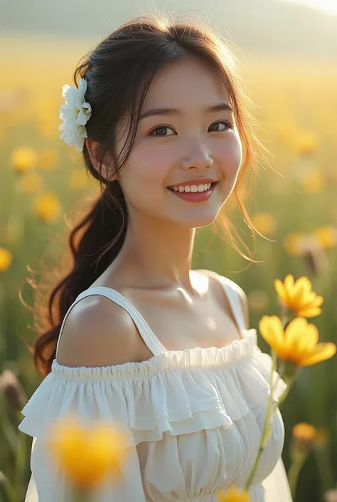 Best quality, masterpiece, ultra high resolution, (photorealistic:1.4), RAW photo, 1 Kazakh girl, White dress, from the shoulder, Blooming flower field, Radiant skin, slight smile