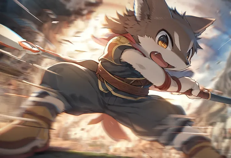 top quality, high-quality illustrations((masterpiece))depth of field, motion blur, absurdres, Perfect Anatomy, magnificent picture of kemono fighting fierce battles, kemono, 1boy, solo focus, Anthro((dramatic))epic, weapon, dynamic pose, One scene of movie...