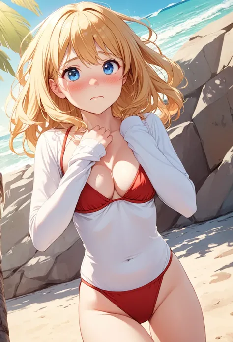 detailed illustration, dynamic angle, ultra-detailed, illustration, 1girl, teen, medium breasts, red bikini, long blonde hair, blue eyes, horny, blush, flush, day, beach, bashful, shy, embarrassed, asking, 