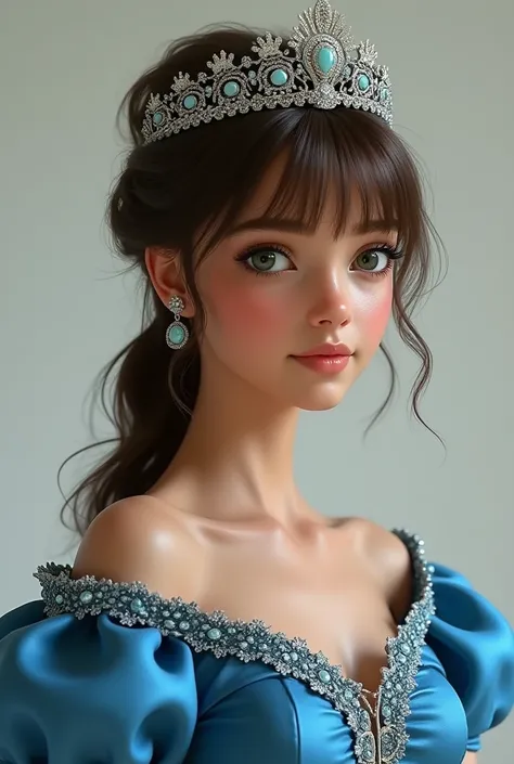 Make an ultra realistic image of a white princess,with tied hair and light brown bangs,blue realistic dress,with a crown,dark green eyes,very realistic face and young Brazilian woman 